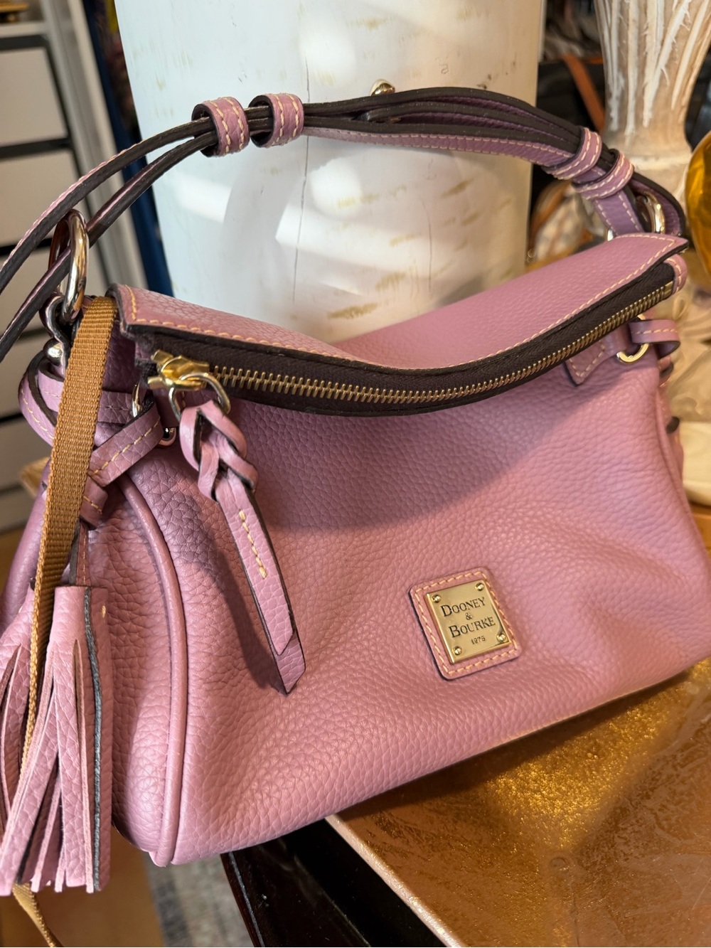 Dooney & Bourke Pebble Grain Tassel Shoulder Bag – Pink Leather